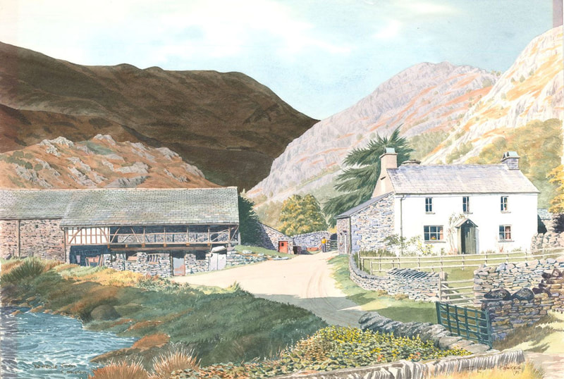 Yewdale Farm, Coniston, watercolour by T Leslie Hawkes 1979